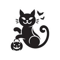 Halloween black cat silhouette, black cat black and white color, black cat art design style vector