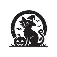 Halloween black cat silhouette, black cat black and white color, black cat art design style vector