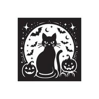 Halloween black cat silhouette, black cat black and white color, black cat art design style vector