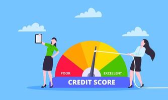 Woman pulls credit score arrow gauge speedometer indicator with color levels. vector