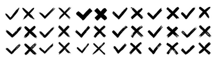 Grunge hand drawn brush strokes cross X and tick OK check marks V illustration set vector