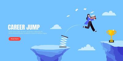 Businesswoman jumps over the abyss across the cliff flat style design illustration. Business concept of fearless businesswoman with huge courage. Risk, goal achievement, obstacles and success. vector