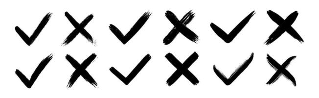 Dirty grunge hand drawn with brush strokes cross X and tick OK check marks V illustration set vector