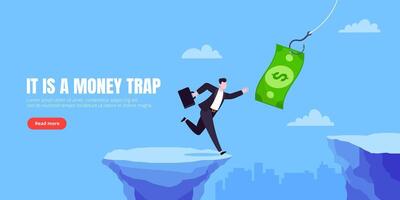 Fishing money chase business concept with businessman running after dangling dollar jumps over the cliff. vector