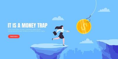 Money trap business concept. Young adult businesswoman running to catch the money. vector