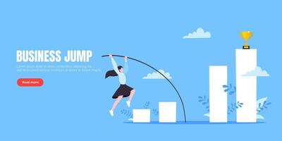 Businesswoman jumps pole vault over graph bars flat style design illustration vector