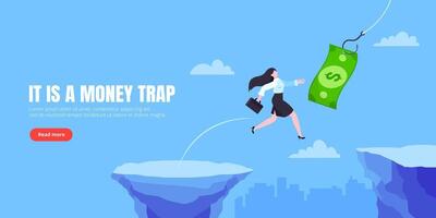 Money trap business concept. Young adult businesswoman running to catch the money. vector