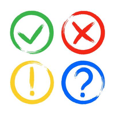 Dirty grunge cross x, tick OK, exclamation and question check marks in check boxes.