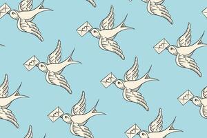 Seamless pattern with old school vintage bird and postal envelope vector