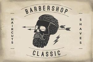 póster de barbería etiqueta en un beige papel textura vector