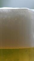 A glass of beer with foam on top. The glass is half full, beer day video