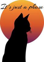 Black silhouette of a cat at sunset with phrase, illustration. vector