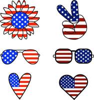 4to de julio símbolos en Estados Unidos bandera diseño. girasol, mano, anteojos, corazones en estrellas y rayas. monumento día. patriótico decoración para independencia día, cuarto de julio America con amor. ilustración vector