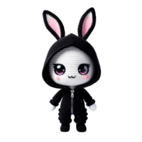hecho a mano kawaii amigurumi muñeca con negro capucha, expresivo ojos, rosado Conejo orejas, oscuro púrpura mono - linda felpa juguete png