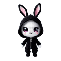 feito à mão kawaii amigurumi boneca com Preto capuz, expressivo olhos, Rosa Coelho ouvidos, Sombrio roxa macacão - fofa pelúcia brinquedo png