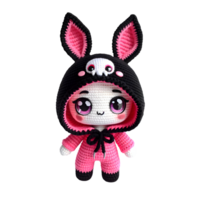 hecho a mano kawaii amigurumi muñeca con negro capucha, expresivo ojos, Conejo orejas, rosado mono - linda felpa juguete png