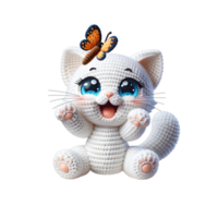 Amigurumi Weiß Katze im Lachen Pose mit Blau Augen, Pfote erreichen zum Schmetterling, isoliert auf transparent Hintergrund, zum T-Shirt Design, Aufkleber, Mauer Kunst png
