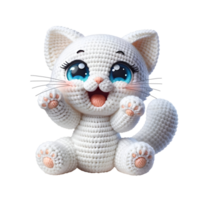 amigurumi vit katt i skrattande utgör med blå ögon, lekfull och fluffig, isolerat på transparent bakgrund, för t-shirt design, klistermärken, vägg konst png