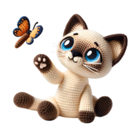 juguetón amigurumi siamés gato, pata alcanzando para mariposa, aislado en transparente fondo, para camiseta diseño, pegatinas, pared Arte png