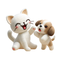 alegre amigurumi blanco gato y perrito jugando en transparente fondo, aislado en transparente fondo, para camiseta diseño, pegatinas, pared Arte png