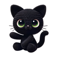 spielerisch Amigurumi schwarz Katze mit Grün Augen, isoliert auf transparent Hintergrund, zum T-Shirt Design, Aufkleber, Mauer Kunst png