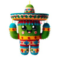 adorable cactus charro pinata avec sombrero, vibrant vert, bleu, Jaune et rouge rayures, mignonne souriant affronter, duveteux fil, de fête mexicain thème décor, salutation carte, mur art, T-shirt png