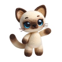 Cute Amigurumi Siamese Cat, Cream and Brown Fur, Blue Eyes, Playful Pose, Fluffy, Isolated on Transparent Background, for T-Shirt Design, Stickers, Wall Art png