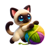 Amigurumi Siamese Cat Chasing Colorful Yarn Ball in Mid-Leap, Playful and Fluffy, Isolated on Transparent Background, for T-Shirt Design, Stickers, Wall Art png