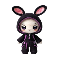 hecho a mano kawaii amigurumi muñeca con negro capucha, expresivo ojos, rosado Conejo orejas, oscuro púrpura mono - linda felpa juguete png