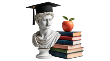 clásico educación colección estatuas, globos, manzana, y libros en graduación temas aislado en transparente antecedentes png