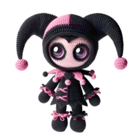 Crochet Amigurumi Doll in Gothic Style with Jester Hat, Black and Pink png