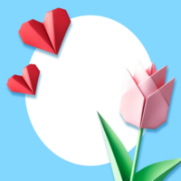 rojo origami corazón y rosado tulipanes en ligero azul antecedentes - de la madre día artesanía, San Valentín día regalos, romántico, saludo tarjeta, social medios de comunicación imagen marco png