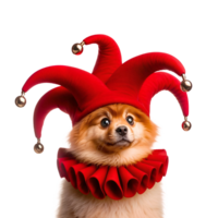 Curious Pomeranian in Bright Red Jester Hat png