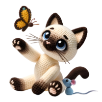 spielerisch Amigurumi Siamese Katze, Pfote erreichen zum Schmetterling, isoliert auf transparent Hintergrund, zum T-Shirt Design, Aufkleber, Mauer Kunst png