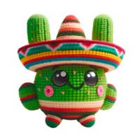 söt amigurumi virka kaktus charro med sombrero, vibrerande grön och röd Ränder, söt leende ansikte, fluffig garn, festlig mexikansk tema, fiesta dekor, hälsning kort, vägg konst png