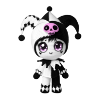 linda kawaii amigurumi bufón muñeca con negro arlequín sombrero y detallado rosado cráneo, blanco cuerpo hecho a mano juguete png