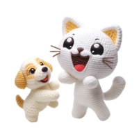 joyeux amigurumi blanc chat et d'or chiot en jouant sur transparent arrière-plan, isolé sur transparent arrière-plan, pour T-shirt conception, autocollants, mur art png