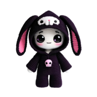 hecho a mano kawaii amigurumi muñeca con expresivo ojos, rosado Conejo orejas, oscuro Violeta mono aislado en blanco fondo, linda felpa juguete png
