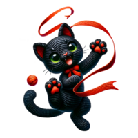 amigurumi nero gatto giocando con rosso nastro, pieno corpo, ridendo espressione, isolato su trasparente sfondo, per maglietta disegno, adesivi, parete arte png