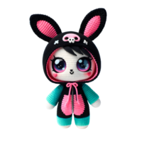 Handmade Kawaii Amigurumi Doll with Black Hood, pink skull, Expressive Eyes, Rabbit Ears, Pink and Teal Jumpsuit - Cute Plush Toy png