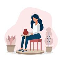Ceramic craft master, ceramics pottery. The girl is engaged in pottery. Clay crafting. Work on the pottery wheel. Handwork, handcraft, hobbies vector