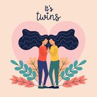 Two Sisters. flat illustrations of two happy twins loving and supporting each other. Family, sisterhood, twins holding hands. vector