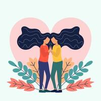 Two Sisters. flat illustrations of two happy twins loving and supporting each other. Family, sisterhood, twins holding hands. vector