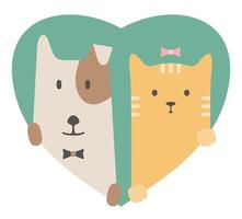Animal set. Portrait of a dog and cat in love over heart backdrop vector