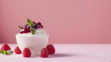 yogurt with jam for breakfast with ample copy space on pastel backdrop photo