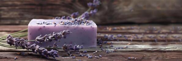 handcrafted lavender soap displayed on rustic wooden table, early morning market light, empty space for text photo