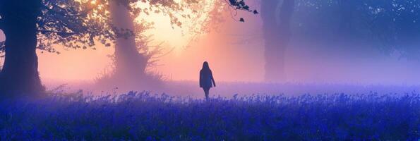 silhouetted figure walks through misty bluebell woods at dawn, magical spring morning , empty space for text photo