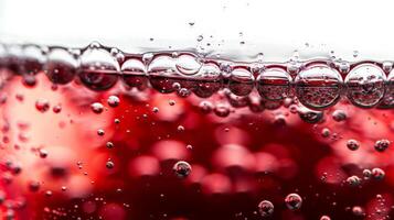 Close up of red wine bubbles in a glass, macro shot, isolated on white background photo