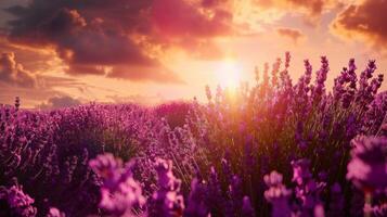 iluminado por el sol lavanda campo a puesta de sol vibrante púrpura flores debajo un ardiente cielo dorado hora Encendiendo foto