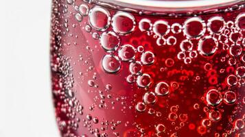 Close up of red wine bubbles in a glass, macro shot, isolated on white background photo